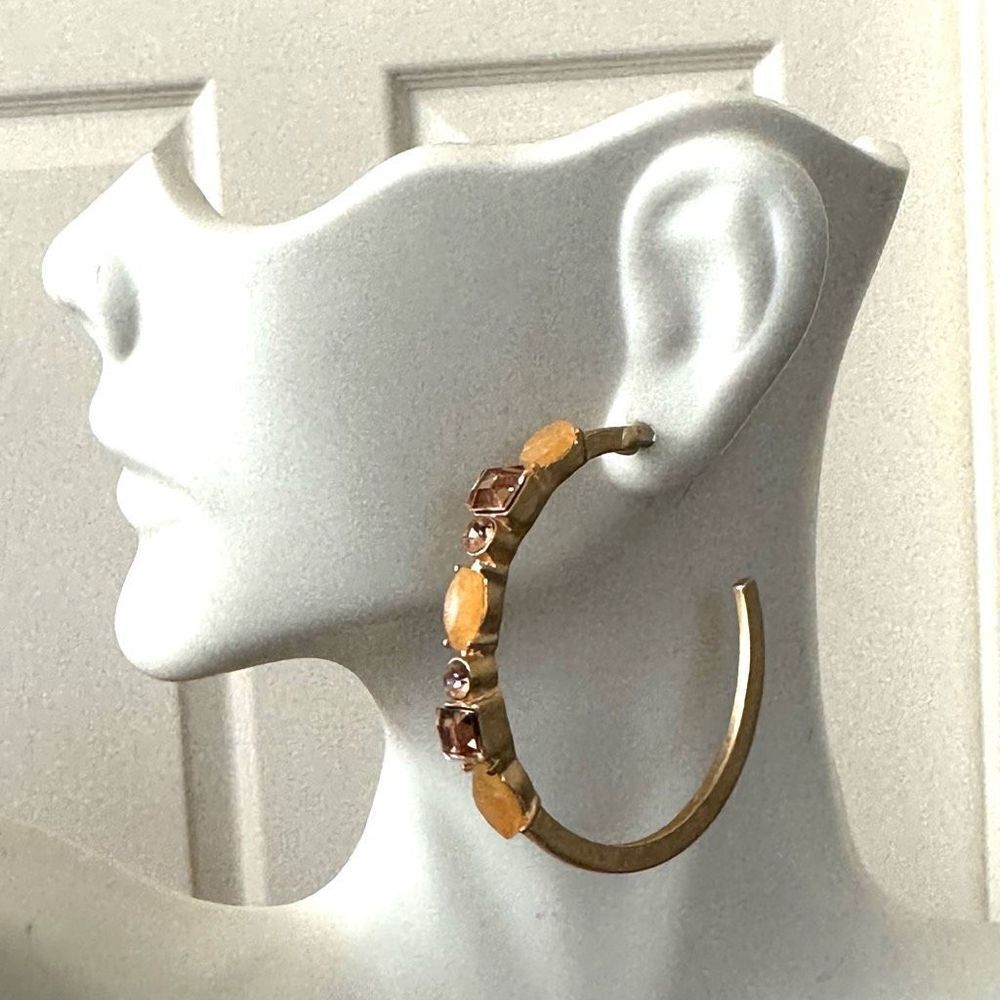 Gold tone orange and pink rhinestone hoop earrings